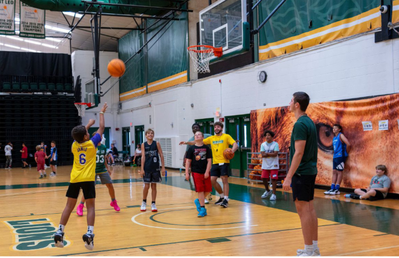 Above: Basketball campers practice their skills. 